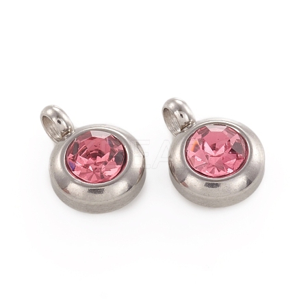 Trendy Original Color 304 Stainless Steel Faceted Grade A Rhinestone Flat Round Charms Pendants RB-N030-01F-1