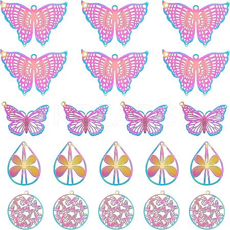 32Pcs 4 Style Ion Plating(IP) 201 Stainless Steel Filigree Pendants STAS-NB0001-20-1
