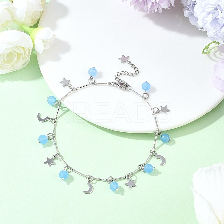 201 Stainless Steel Moon Star & Natural Dyed Malaysia Jade Round Charm Brass Bar Link Chain Anklets AJEW-AN00732-02-1