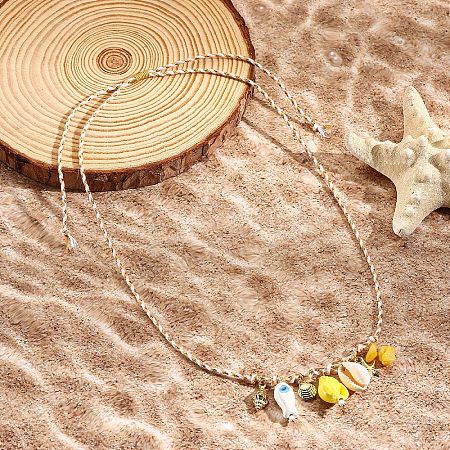 Summer Beach Porcelain Fish & Natural Cowrie Shell Pendant Cotton Cord Adjustable Necklaces FS-WG63638-03-1