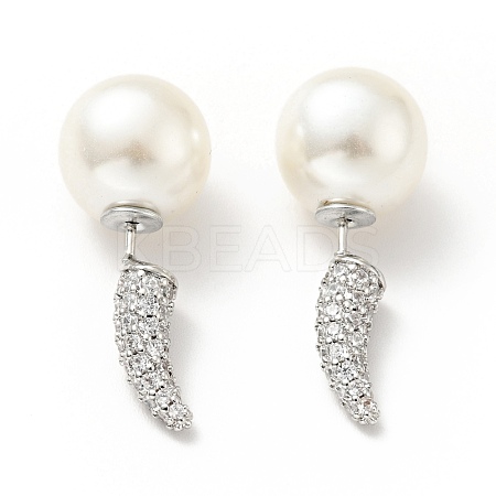 Clear Cubic Zirconia Horn with Acrylic Pearl Front Back Stud Earrings EJEW-G295-02B-P-1