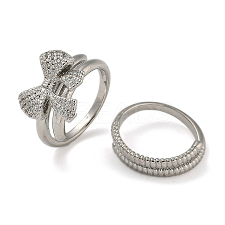 Bowknot Brass Micro Pave Clear Cubic Zirconia Double Rings RJEW-Z050-25P-1
