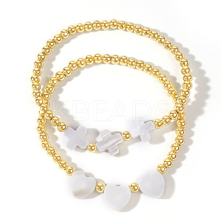 2Pcs Simple White Seashell Cross & Heart Stretch Bracelet Sets JC6686-1-1