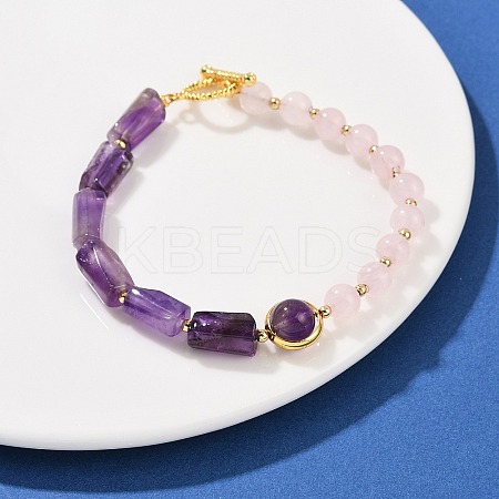 Natural Rose Quartz & Natural Amethyst & Brass Round & Prism Beaded Bracelets for Women BJEW-G752-01G-06-1
