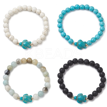 4Pcs Round Natural Amazonite & Lava Rock & Synthetic Turquoise Beaded Stretch Bracelets BJEW-JB10269-1