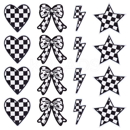 22Pcs 4 Styles Black and White Tartan Pattern Polyester Computerized Embroidery Cloth Iron on/Sew on Patches PATC-GA0001-75-1