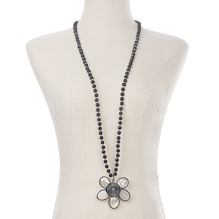 Glass Round Beaded Alloy Flower Pendant Long Necklaces for Women FS-WG02E2E-03-1