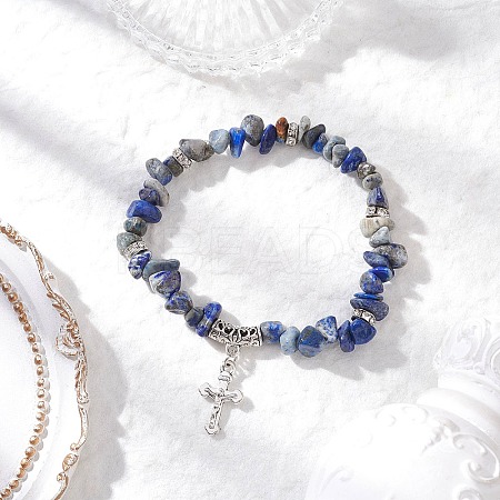 Natural Lapis Lazuli Chip Beaded Stretch Bracelets BJEW-JB12316-03-1