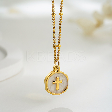 304 Stainless Steel Enamel Flat Round Pendant Necklaces for Women FS-WGF87E1-03-1