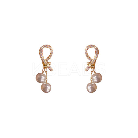 Brass Micro Pave Clear Cubic Zirconia Knot with Round Dangle Stud Earrings FS-WGC5F67-01-1