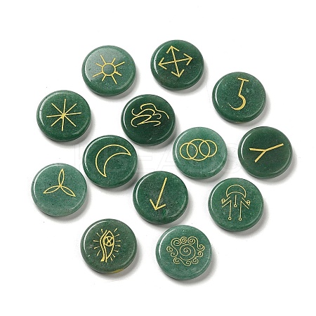 13Pcs Flat Round Natural Green Aventurine Rune Stones G-K335-08B-1