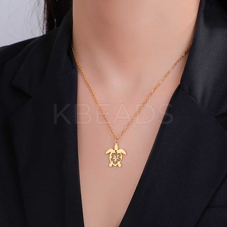 Ocean 304 Stainless Steel Hollow Floral Turtle Pendant Necklaces for Women WG89907-02-1