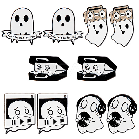 CRASPIRE 10Pcs 5 Styles Ghost with Word & Musical Instruments & Radio & Headset Enamel Pin JEWB-CP0001-08-1