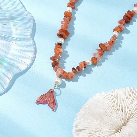 Natural South Red Agate Chip & Imitaton Round Pearl Beaded Adjustable Necklaces NJEW-JN05227-06-1