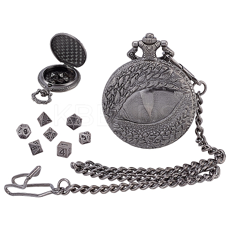 Vintage Alloy Flat Round Dragon Eye Pocket Watch with Brass Curb Chain AJEW-PH0007-67B-1