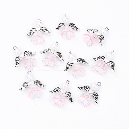 10Pcs Acrylic & Imitation Pearl Flower Angel Pendants PALLOY-YW00055-09-1