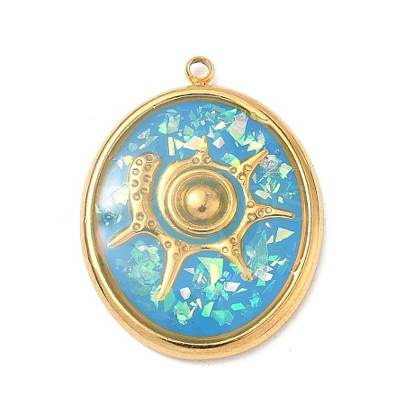 304 Stainless Steel Epoxy Resin with Natural Shell and Sequins Inside Pendants STAS-L026-17G-B03-1