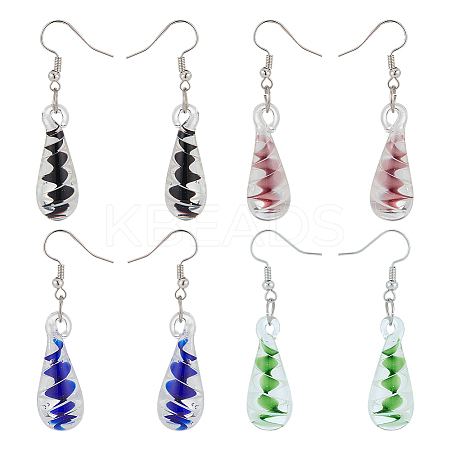 FIBLOOM 4 Pairs 4 Colors Glass Teardrop with Spiral Pattern Dangle Earring EJEW-FI0001-07-1