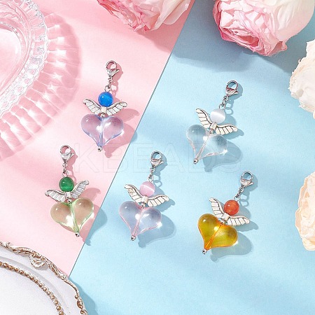 Heart Cat Eye & Acrylic Pendant Decoration HJEW-TA00354-1