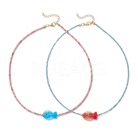 2Pcs 2 Colors Handmade Foil Lampwork Fish & Natural Apatite & Rhodonite Faceted Round Beaded Necklaces for Women NJEW-JN05536-1