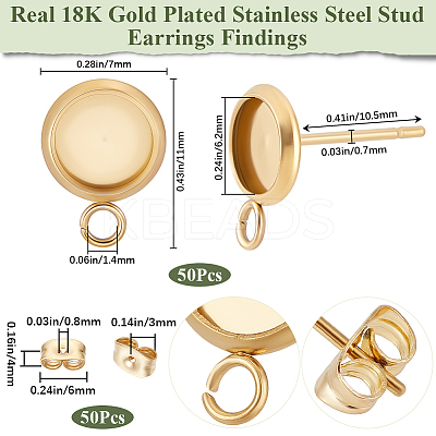 50Pcs Flat Round 304 Stainless Steel Stud Earrings Findings STAS-BBC0005-85A-1