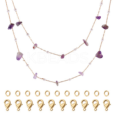 3m Natural Amethyst Chips & ABS Plastic Imitation Pearl Beaded Chains Necklace Making Kits CHC-TA0001-30D-1