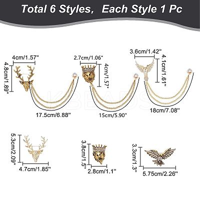 6Pcs 6 Style Lion & Eagle & Deer Rhinestone Safety Pin Brooches JEWB-WR0001-01-1