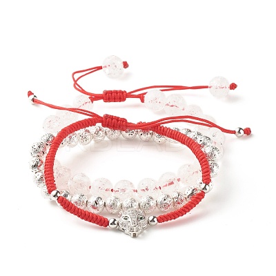 Natural Crackle Quartz & Lava Rock Braided Bead Bracelets Set BJEW-JB07212-03-1