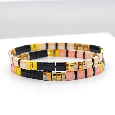 Vintage Bohemian Glass Tila Beaded Beach Stretch Tile Bracelets OP4703-2-1