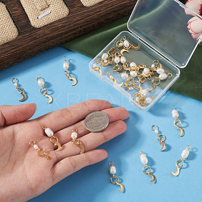 30Pcs 3 Styles Natural Cultured Freshwater Pearl & 201 Stainless Steel Moon Pendants PALLOY-TAC0317-1