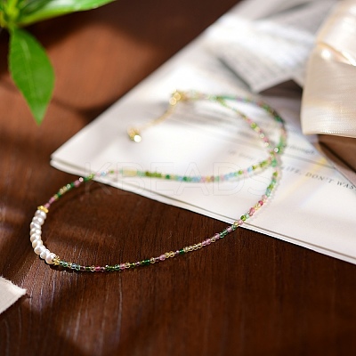 2MM Faceted Round Natural Green Tourmaline & Glass Pearl Beaded Necklaces for Women YX9478-1