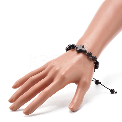 Round Natural Wood Beaded Bracelet for Men Women BJEW-JB06904-1