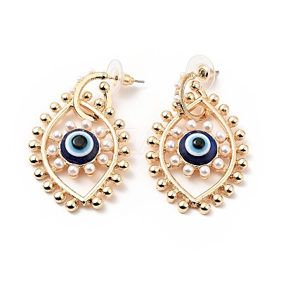 Resin Evil Eye Dangle Stud Earrings with Acrylic Pearl Beaded LS-EJEW-J045-04KCG-1