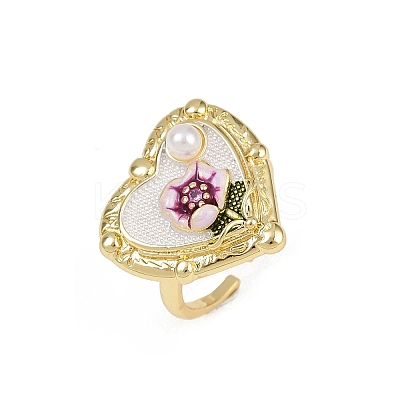 Brass Floral White Enamel Flower Cuff Rings RJEW-C139-18B-G-1
