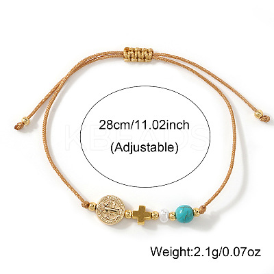 Brass Saint Benedict Medal Cross Synthetic Turquoise Beaded Braided Bracelets FP7792-1-1