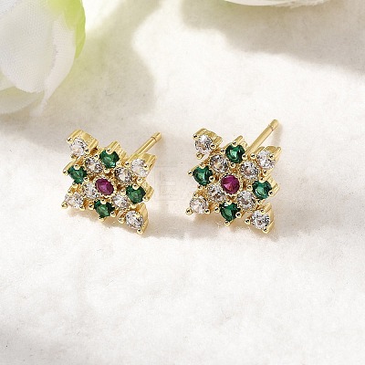 Rhombus Brass Micro Pave Cubic Zirconia Stud Earrings EJEW-L306-02G-1