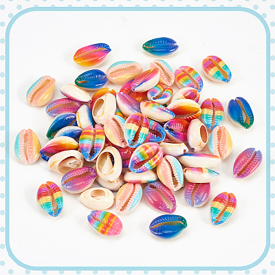 60Pcs 6 Colors Printed Natural Cowrie Shell Beads SSHEL-NB0001-42-1