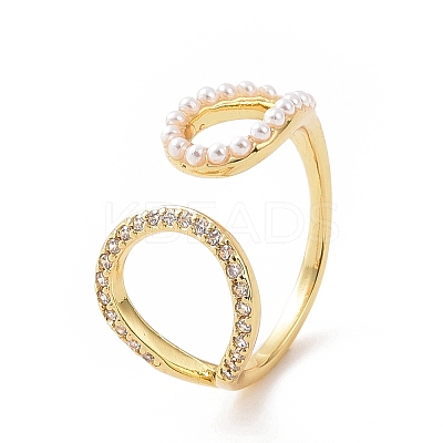 Clear Cubic Zirconia Hollow Out Teardrop Open Cuff Ring with ABS Plastic Imitation Pearl Beaded RJEW-G283-03G-1