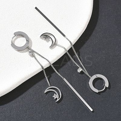 304 Stainless Steel Crystal Rhinestone Moon with Star Tassel Hoop Earrings EJEW-G453-03P-1