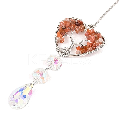 Wire Wrapped Natural Carnelian Heart with Tree of Life Pendant Decorations HJEW-K046-02P-02-1
