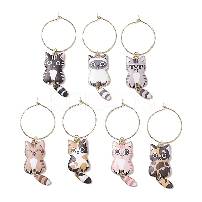 7pcs Cat Alloy Pendants Wine Glass Charms Sets AJEW-JO00252-1