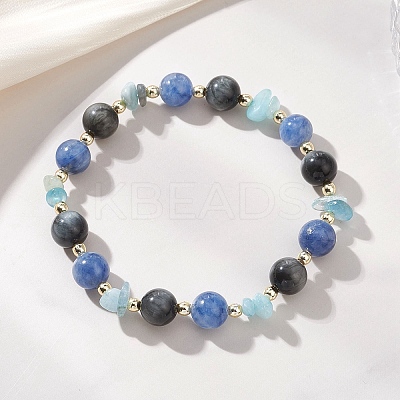Natural Kyanite & Hawk's Eye & Aquamarine Beads Stretch Bracelets for Women BJEW-JB13184-1