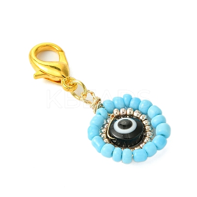 12Pcs 12 Colors Flat Round with Evil Eye Resin & Glass Seed Pendant Decorations HJEW-MZ00094-1