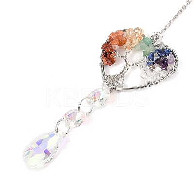 Wire Wrapped Chakra Natural Mixed Stone Heart with Tree of Life Pendant Decorations HJEW-K046-02P-03-1