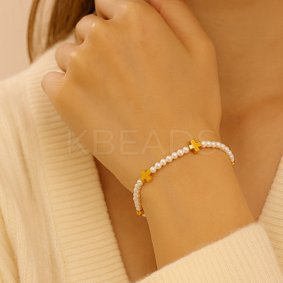 Minimalist Round Imitation Pearl & Brass Cross Beaded Stretch Bracelets MM4017-1