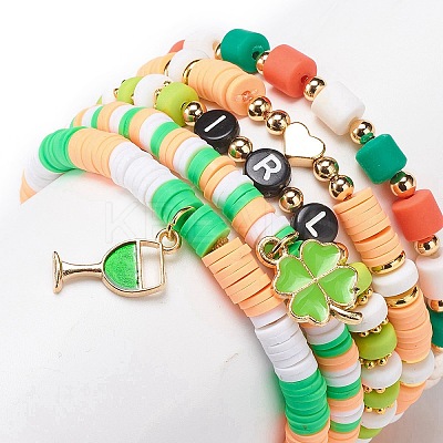 Saint Patrick's Day Freshwater Pearl & Handmade Polymer Clay Heishi Stretch Bracelets Sets BJEW-JB08768-1