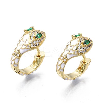 Green Cubic Zirconia Snake Huggie Hoop Earring EJEW-N011-46J-NF-1
