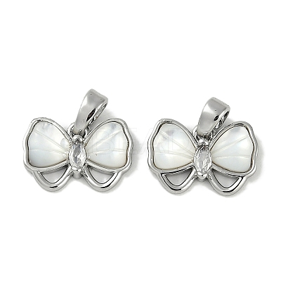 Brass Clear Cubic Zirconia Pave Natural Shell Bowknot Charms KK-P283-09P-1