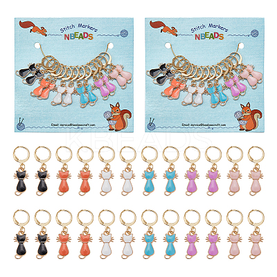 Cat Alloy Enamel Pendant Locking Stitch Markers HJEW-AB00103-1