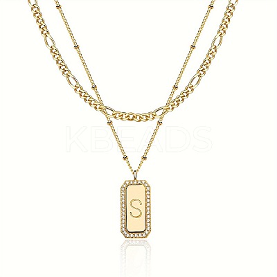 Brass Micro Pave Clear Cubic Zirconia Rectangle with Initial Pendant Double Layer Necklaces for Women FS-WG478B5-19-1